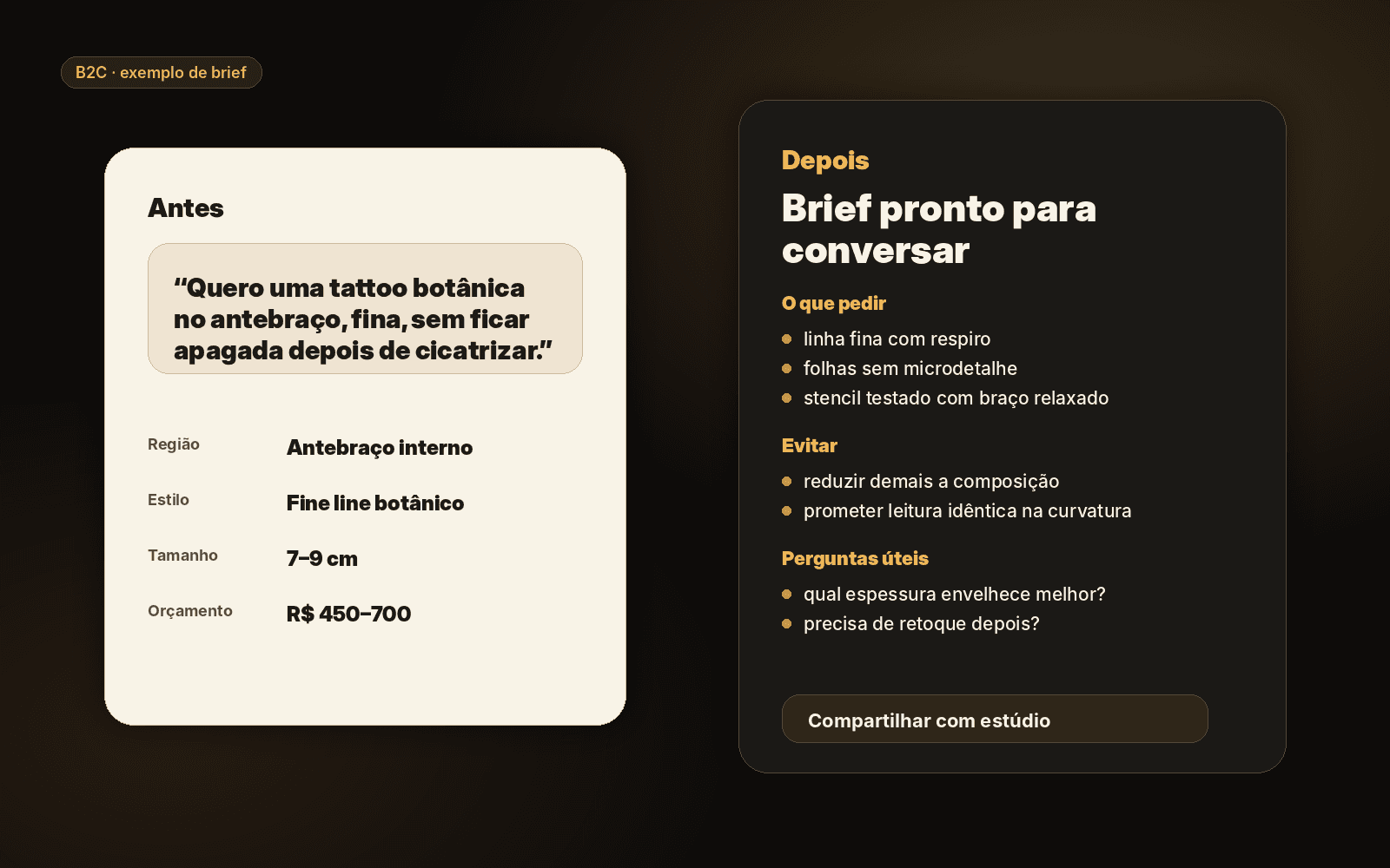 Exemplo de brief de tattoo com direção visual, escala, cuidados e pontos para discutir com o profissional.