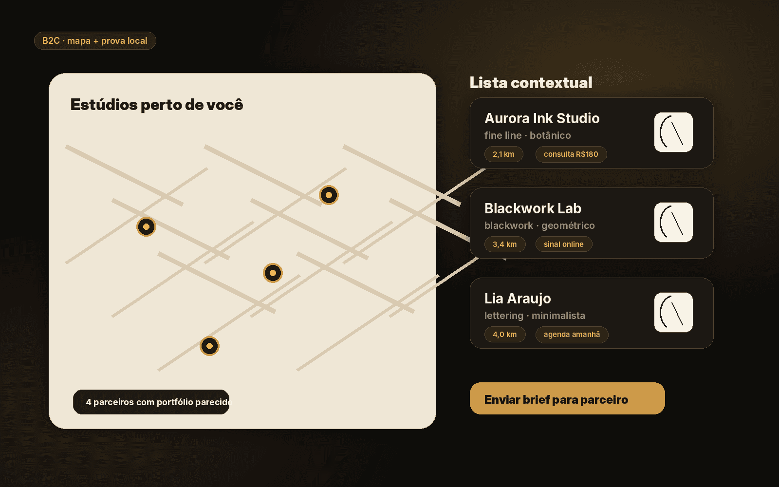 Tela de descoberta de estúdios por estilo, localização, portfólio e envio de brief.